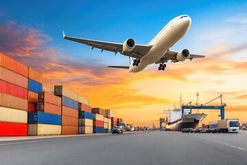 Cargo ship navigating through sunset-lit harbor