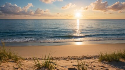 Stunning Summer Beach Scene with Pristine Sand, Gentle Waves, and a Beautiful Ocean Horizon under a Clear Blue Sky