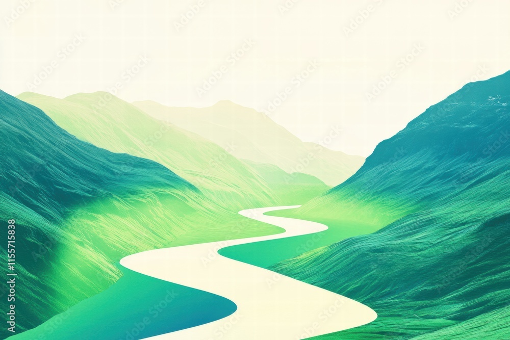 Poster Winding river flows through a serene mountain range with ample space for text. Generative AI