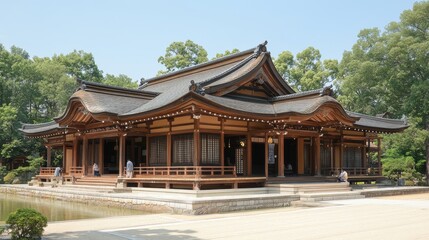 Serene Shinto Shrine Scene with People Gathered Peacefully