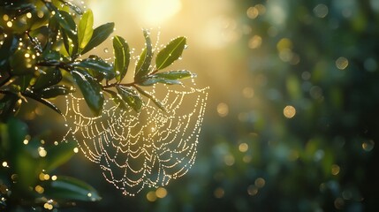 Dewy Spider Web Captured in Morning Light Over Green Leaves