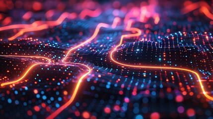 Glowing abstract neon matrix of interconnected data streams. 