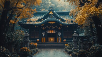 Obraz premium Serene Autumn Scene at Shinto Shrine with Gathering People