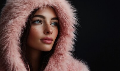 A woman in a pink fur hood gazes thoughtfully, showcasing beauty and style.