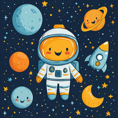 Fototapeta premium A cute astronaut pack with smiling planets, a cheerful rocket, and a happy moon generative AI