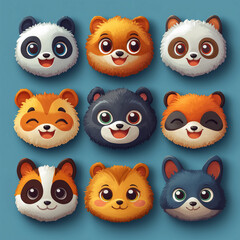 Fototapeta premium A set of emoji-style animal faces with different moods, such as a laughing panda, a surprised cat, and a sleepy sloth generative AI