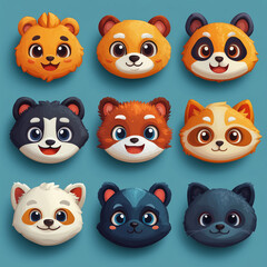 emoji-style animal faces with different moods, such as a laughing bear, a surprised cat, and a sleepy sloth generative AI
