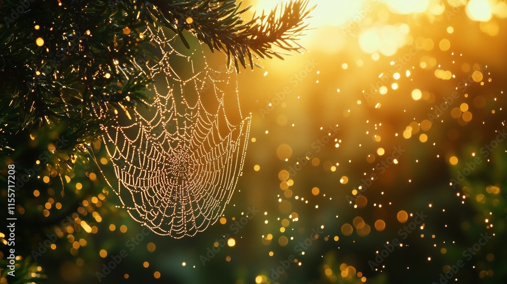 Poster sparkling spider web in morning light with shimmering bokeh effects