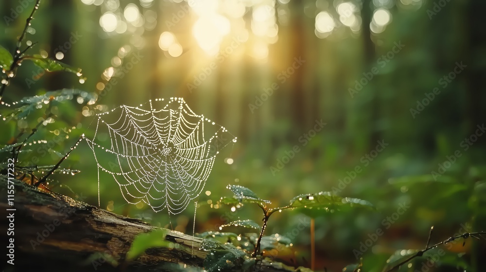 Poster delicate spider web with dew drops in serene forest setting