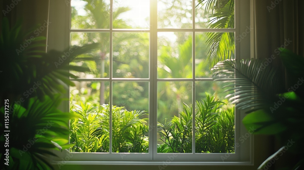 Poster bright sunlight streaming through a window showcasing a vibrant garden filled with lush greenery. ge