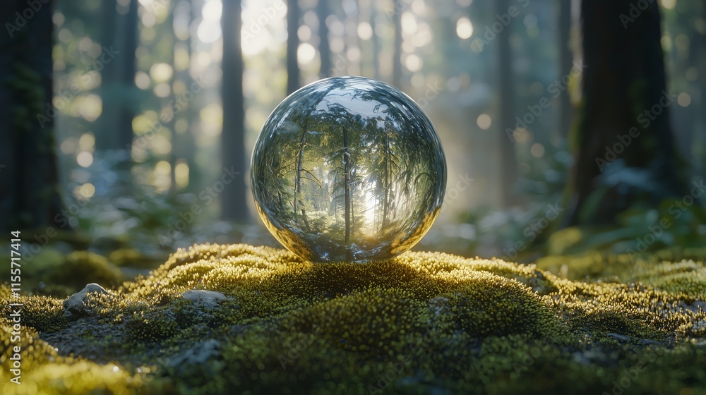 Poster reflective sphere on lush moss in enchanted forest setting