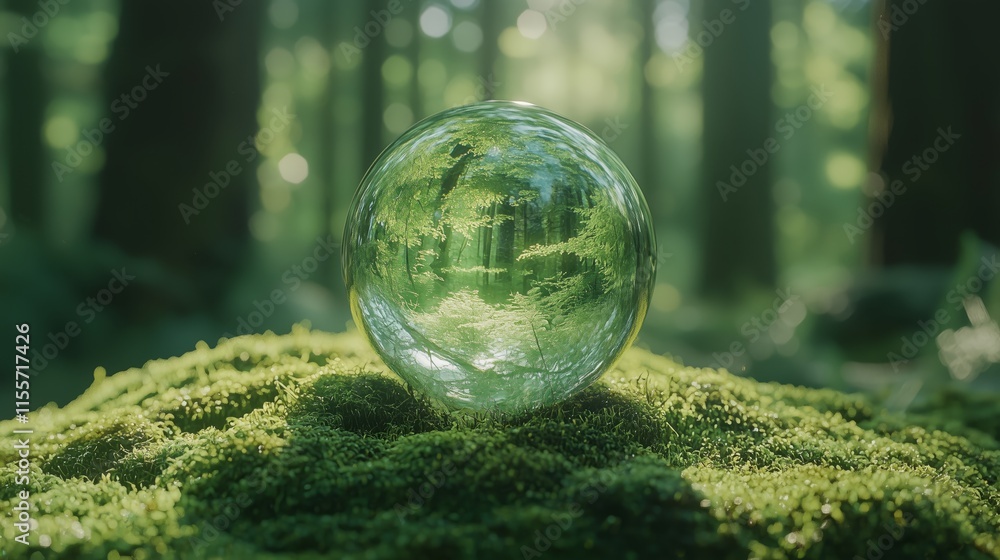 Poster transparent sphere resting on lush moss in a serene forest setting