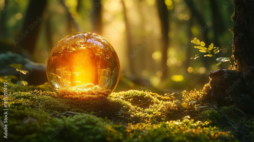 Poster enchanted sphere glowing in forest with soft sunlight rays