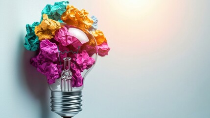 A creative light bulb filled with colorful crumpled paper, symbolizing innovation and bright ideas.