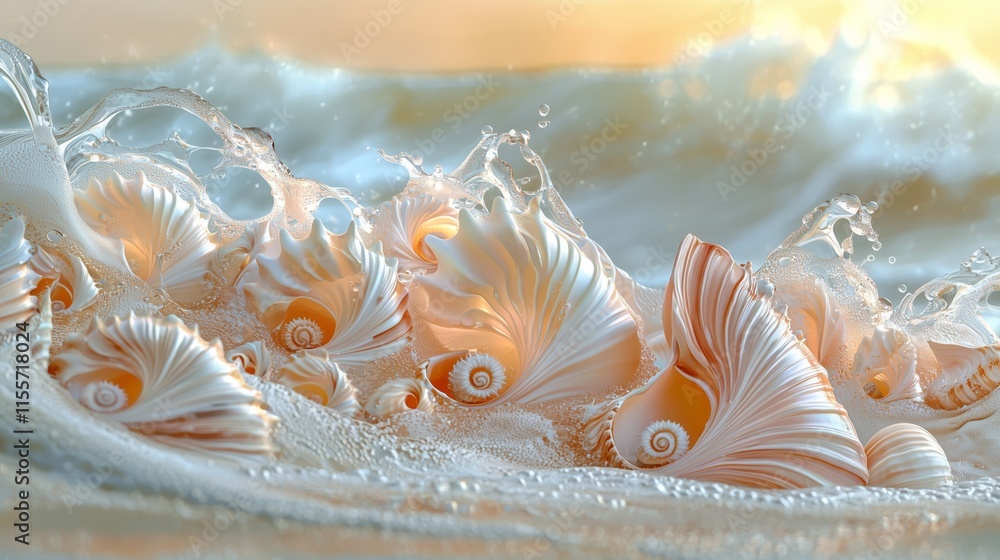 Poster seashells in ocean waves creating beautiful natural patterns