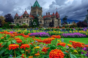 Magic world of flowers. Fairy tale castle in the park. Magical world of flowers.