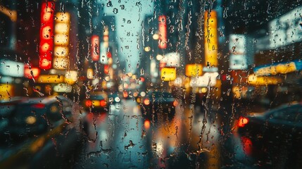 Rainy Cityscape View with Bokeh Effect and Colorful Lights