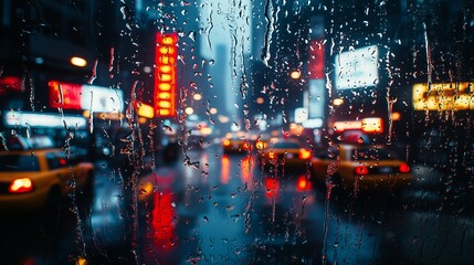 Rainy Cityscape with Blurred Neon Lights and Reflections at Night