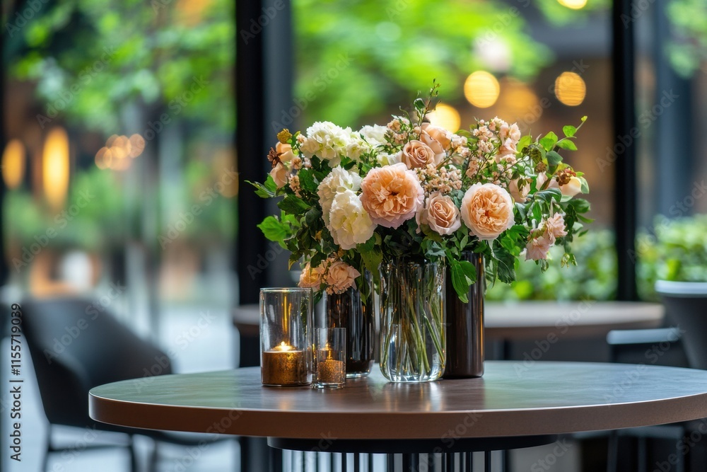 Aufkleber stylish storefront display featuring elegant flower arrangements in glass vases with soft lighting. 