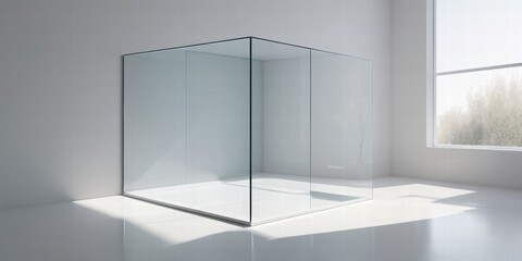Fototapeta premium Spacious XL Clear Glass Room with Reflective Surface and Natural Light