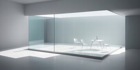 Fototapeta premium Modern Minimalist Room with Clear Glass Walls and Reflective Surface