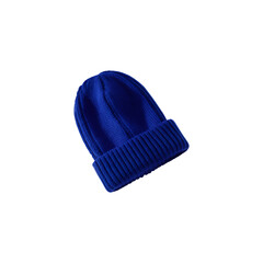 Blue knitted winter mittens made from thick yarn wearing knitted cap isolated on transparent and white background.