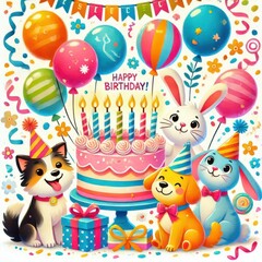 Obraz premium happy birthday card with balloons content created with generative AI software.