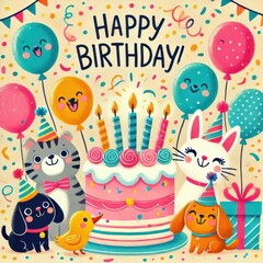 Obraz premium happy birthday card with balloons content created with generative AI software.