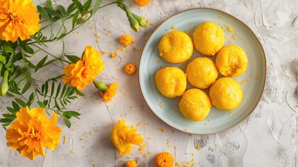  A plate of freshly made yellow balls with marigold flowers beside it.