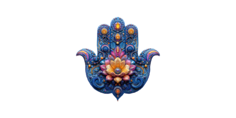Hamsa Hand with Floral Blue and Orange Design Isolated on Transparent Background