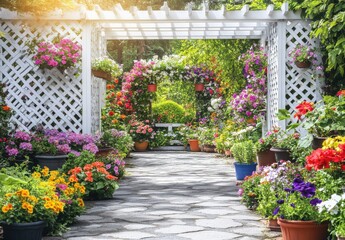 Fototapeta premium Vibrant Floral Pathway in a Lush Garden with Beautiful Hanging Plants and Colorful Flower Pots Under a Bright Sunlit Sky