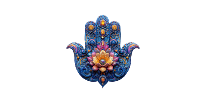 Hamsa Hand with Floral Blue and Orange Design Isolated on Transparent Background