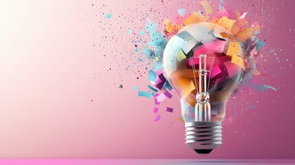 A vibrant light bulb bursts with colorful confetti, symbolizing creativity, innovation, and inspiration against a soft pink background.