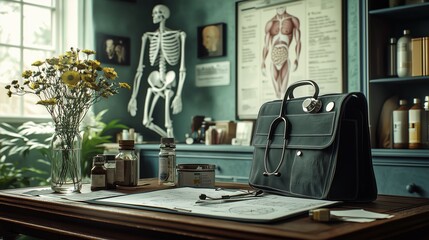 Vintage Medical Office with Doctor's Bag and Anatomy Chart
