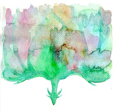 Silhouette of a flying dragon in the form of colorful water spots, light sketch made with watercolor paints, hand illustration, 