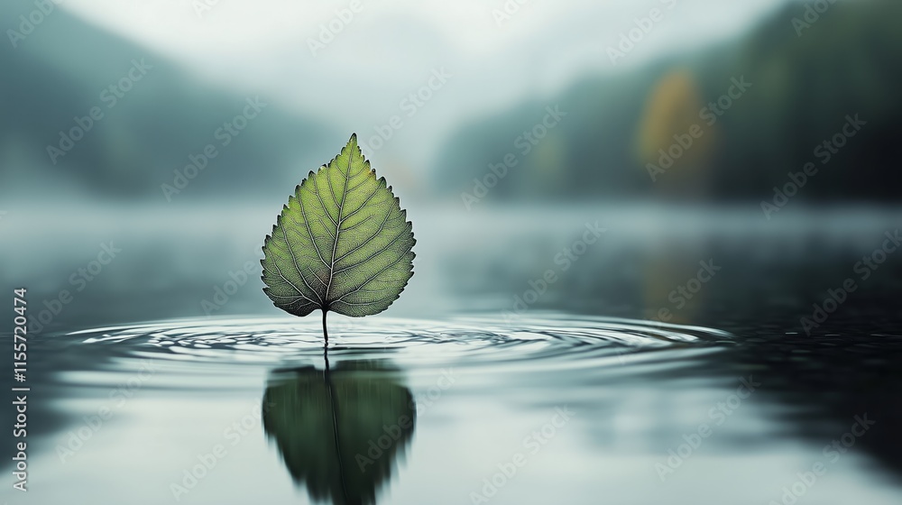 Poster leaf floating on water surface with calm ripples and soft background
