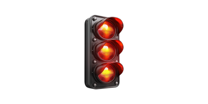 Red traffic light with three red lights illuminated isolated on transparent background