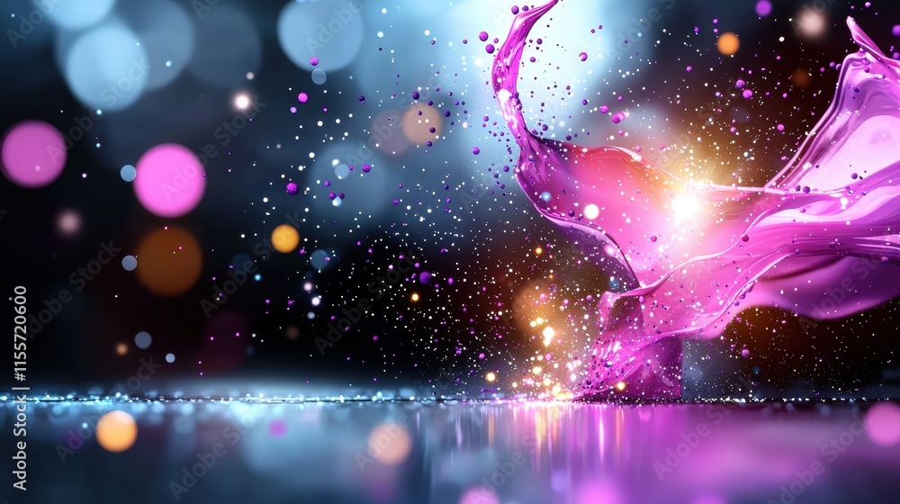 Aufkleber a vibrant splash of purple liquid surrounded by colorful bokeh lights, creating an energetic and dyn