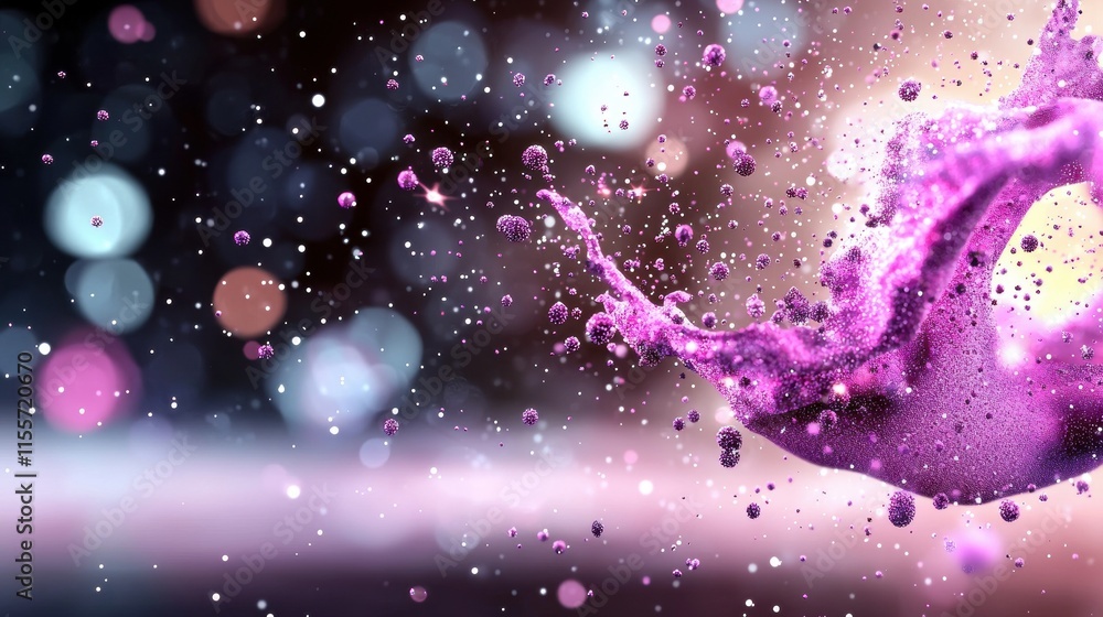 Poster a vibrant splash of purple liquid amidst a backdrop of colorful bokeh, creating an energetic and dyn