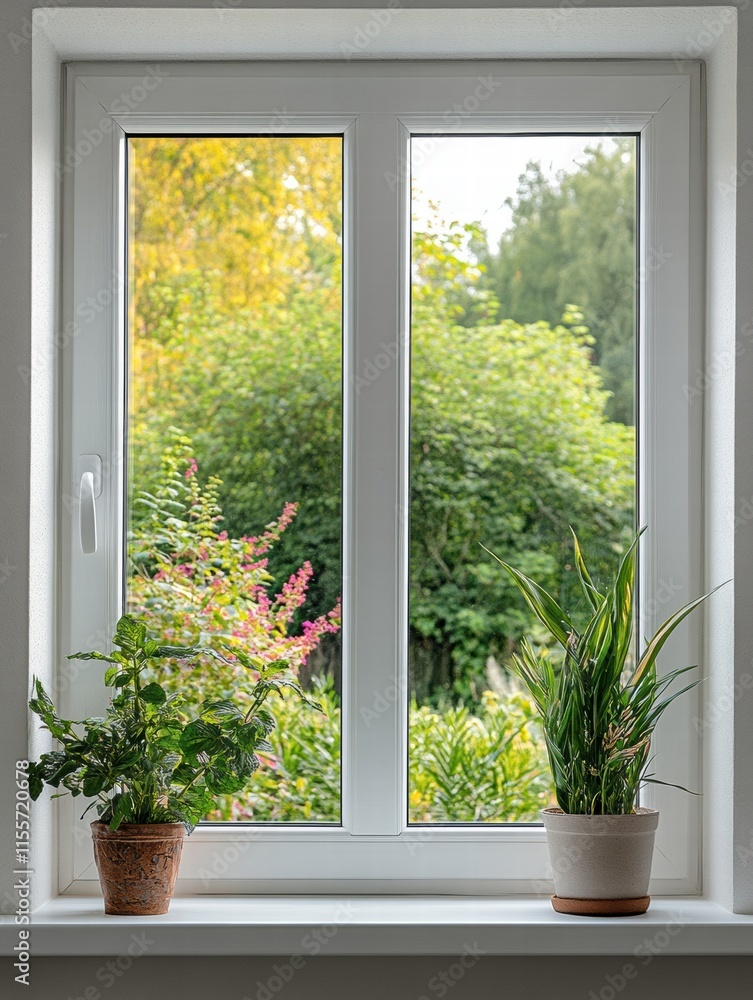 Poster bright garden visible through a clean window with houseplants on the sill. generative ai