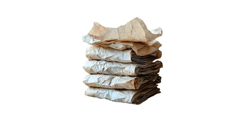 Stack of crumpled old papers isolated on transparent background