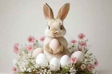 Obraz premium A cute beige rabbit holding a white egg, surrounded by pink flowers and other Easter eggs in a soft floral arrangement, set against a neutral background.