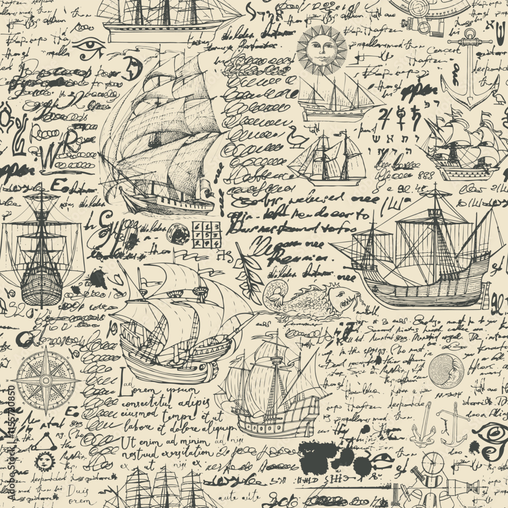 Poster seamless vector pattern background with drawings on theme of sailing ships and sea travel and advent