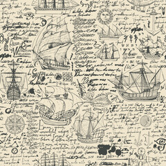 Obraz premium seamless vector pattern background with drawings on theme of sailing ships and sea travel and adventure and handwriting text lorem ipsum and grunge texture. suitable for wallpaper