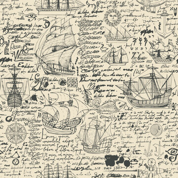 seamless vector pattern background with drawings on theme of sailing ships and sea travel and adventure and handwriting text lorem ipsum and grunge texture. suitable for wallpaper
