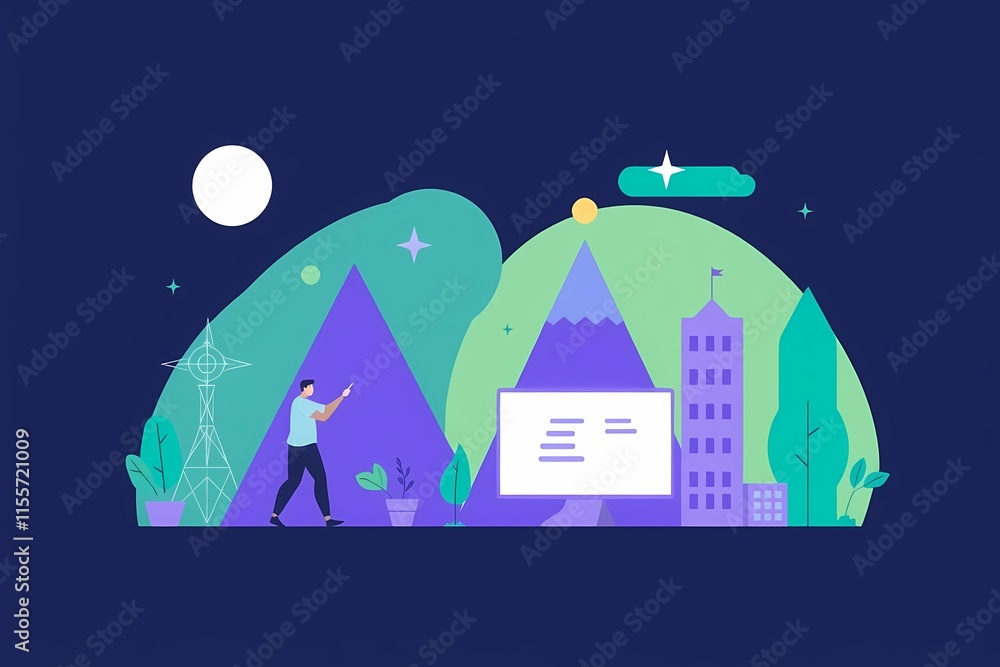 Poster reaching new heights: a stylized illustration of a man using a tablet in front of a computer screen,