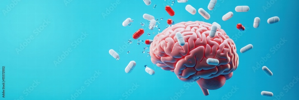 Poster 3d model of a human brain surrounded by various colorful pills on a vibrant blue background. generat