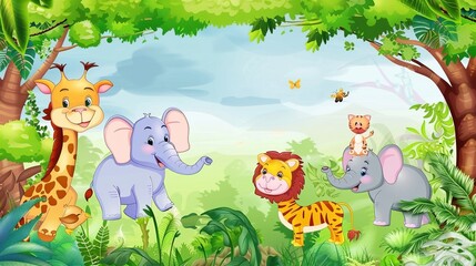 Fototapeta premium Adorable and Whimsical World of Cute Cartoon Safari Zoo: Unveiling the Enchanting Beauty of Watercolor Style with Animal Frame Border. Explore Keywords like Charming, Playful, Jungle Creatures, Exotic