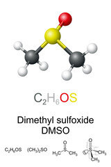 Dimethyl sulfoxide, DMSO, ball-and-stick molecule model and chemical structure. Organosulfur compound, colorless liquid and important polar aprotic solvent that dissolves polar and nonpolar compounds.