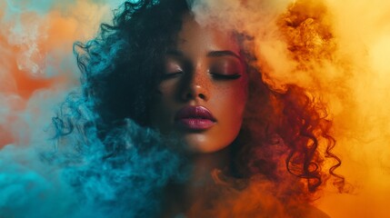 A woman with curly hair surrounded by colorful smoke, evoking a dreamy atmosphere.